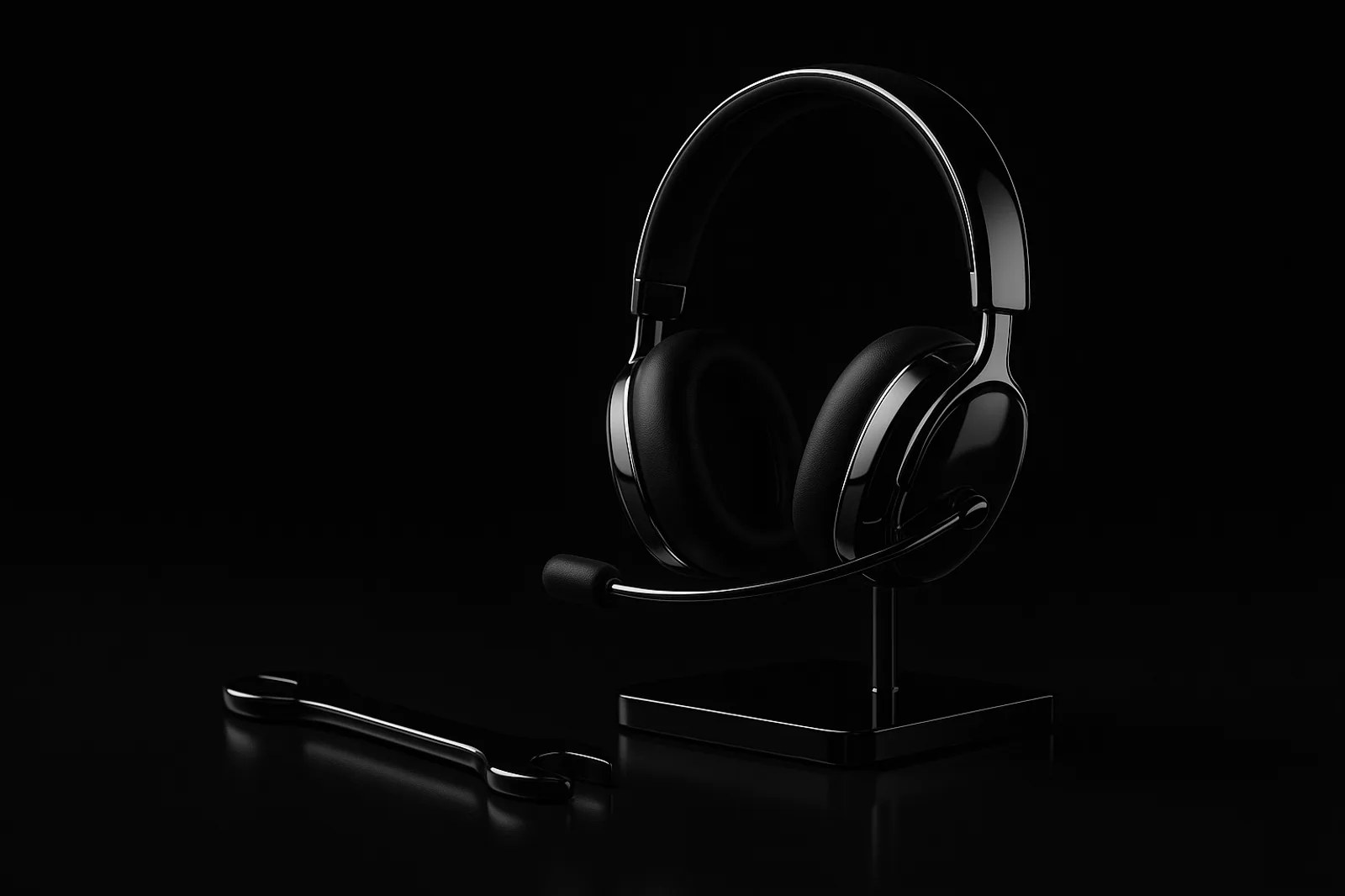 Auriculares de soporte junto a una llave de herramienta